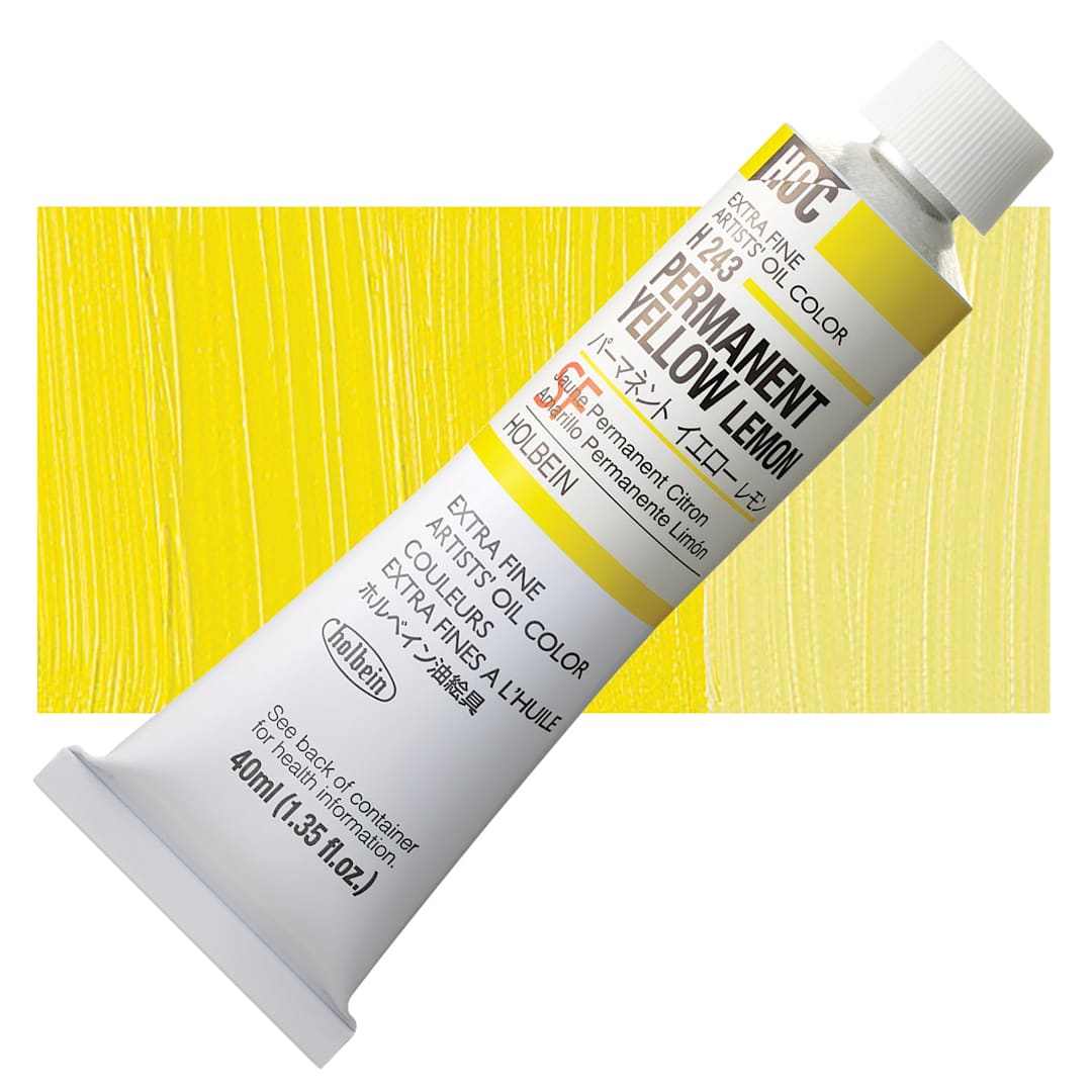Open in modal - Holbien Artists' Oil Color - Permanent Yellow Lemon, 40 ml tube and swatch