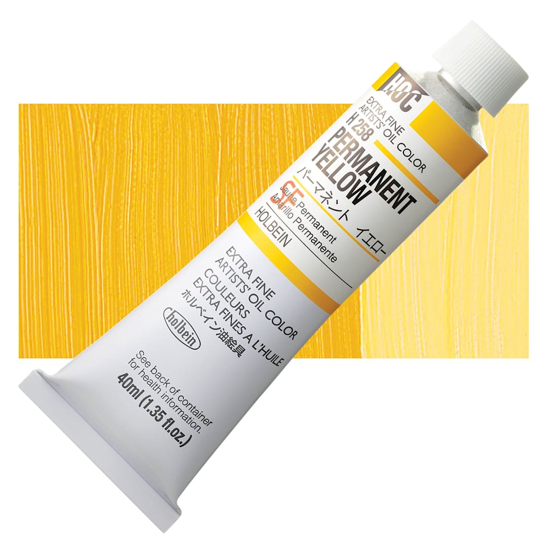 Open in modal - Holbein Artists' Oil Color - Permanent Yellow, 40 ml tube and swatch