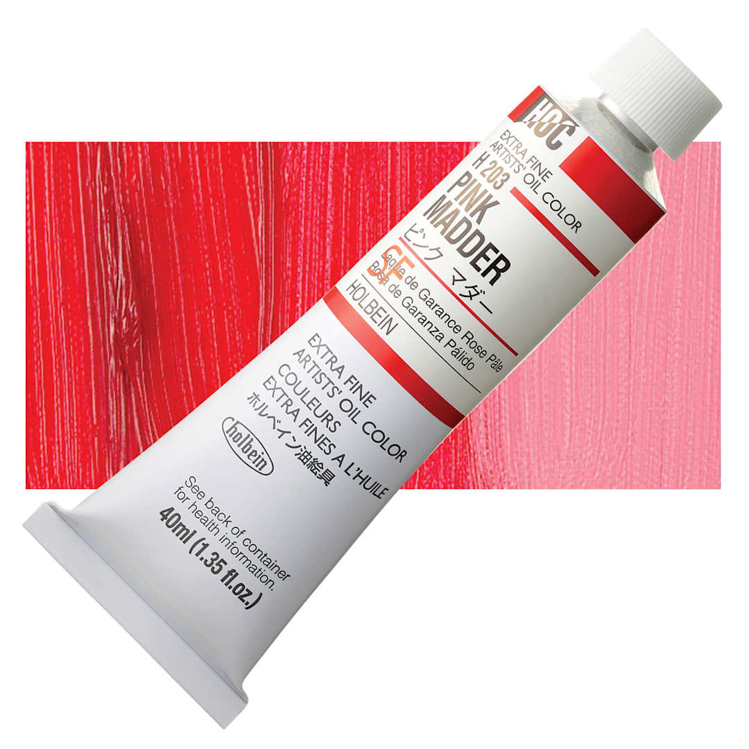 Open in modal - Holbein Artists' Oil Color - Pink Madder, 40 ml tube and swatch
