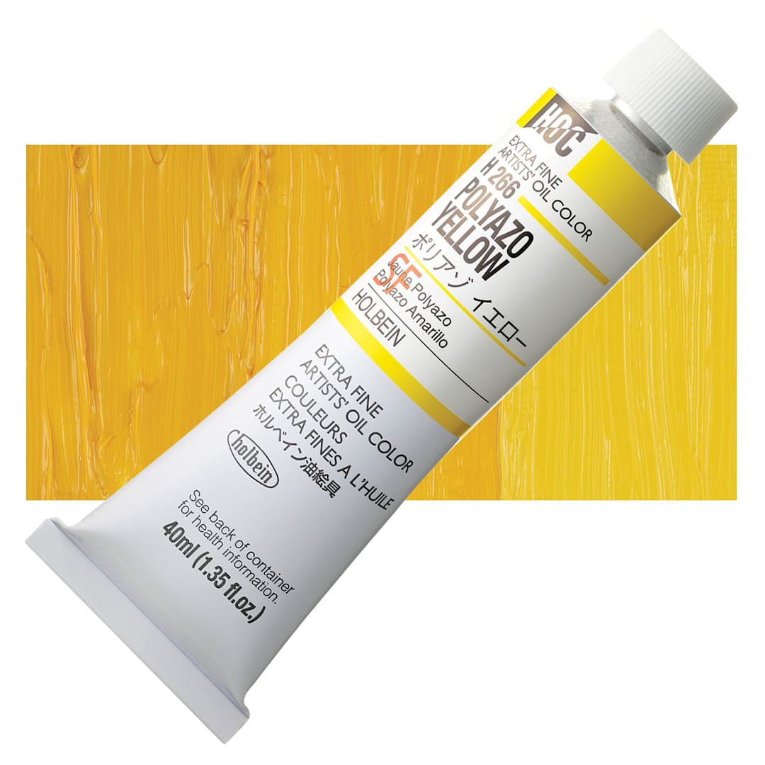 Open in modal - Holbein Artists' Oil Color - Polyazo Yellow, 40 ml tube and swatch