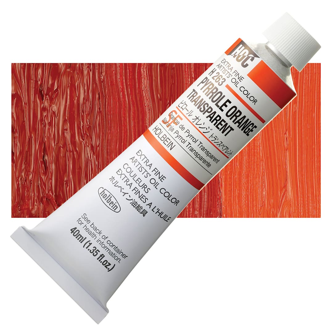 Open in modal - Holbein Artists' Oil Color - Pyrrole Orange Transparent, 40 ml tube and swatch