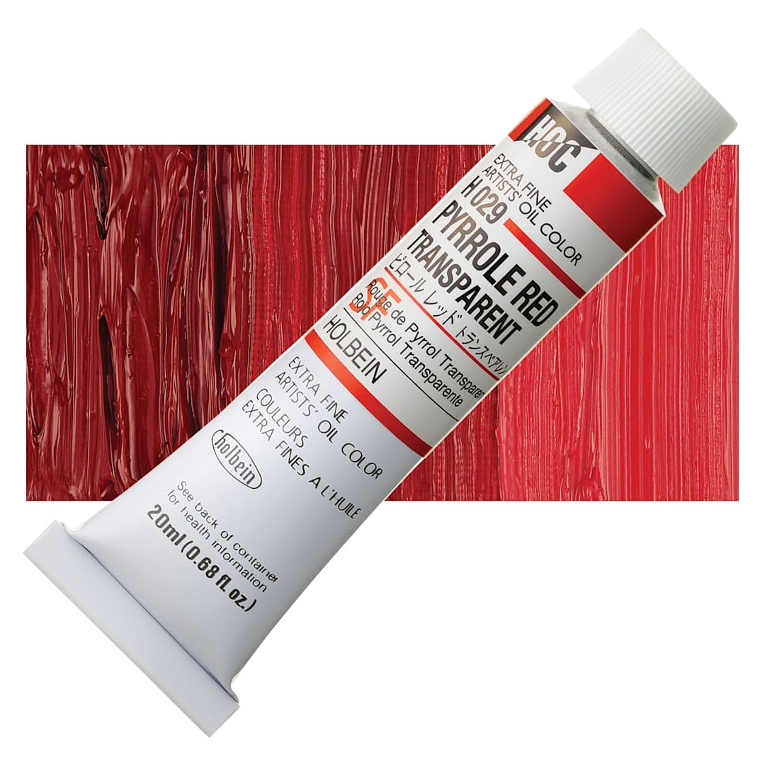 Open in modal - Holbein Artists' Oil Color - Pyrrole Red Transparent, 20 ml tube and swatch