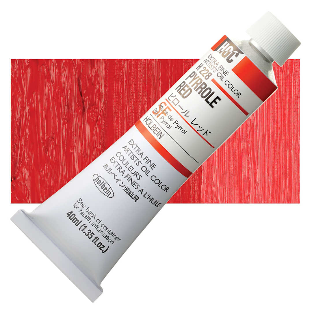 Open in modal - Holbein Artists' Oil Color - Pyrrole Red, 40 ml tube and swatch