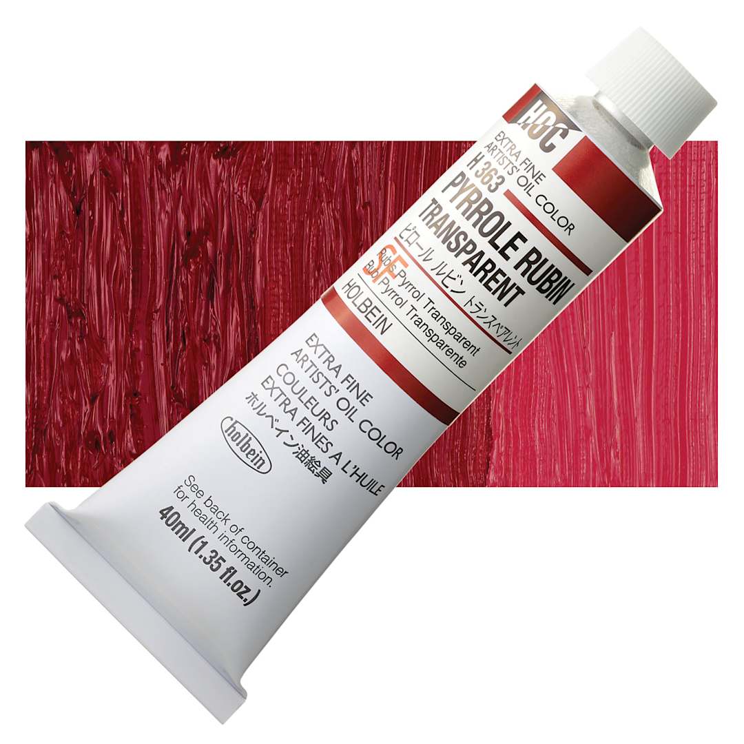 Open in modal - Holbein Artists' Oil Color - Pyrrole Rubin Transparent, 40 ml tube and swatch
