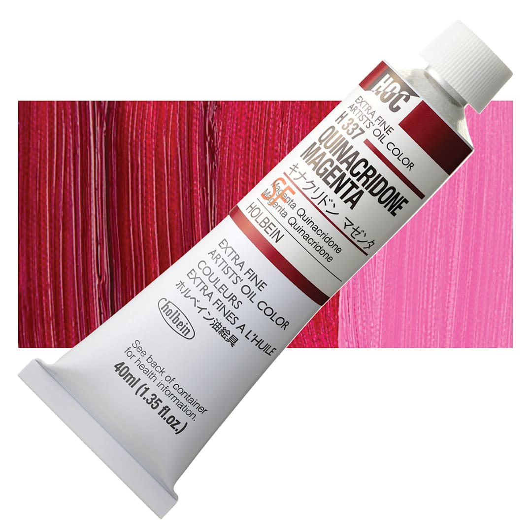 Open in modal - Holbein Artists' Oil Color - Quinacridone Magenta, 40 ml tube and swatch