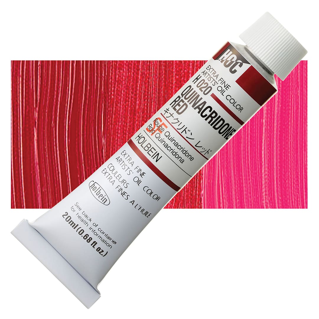 Open in modal - Holbein Artists' Oil Color - Quinacridone Red, 20 ml tube and swatch