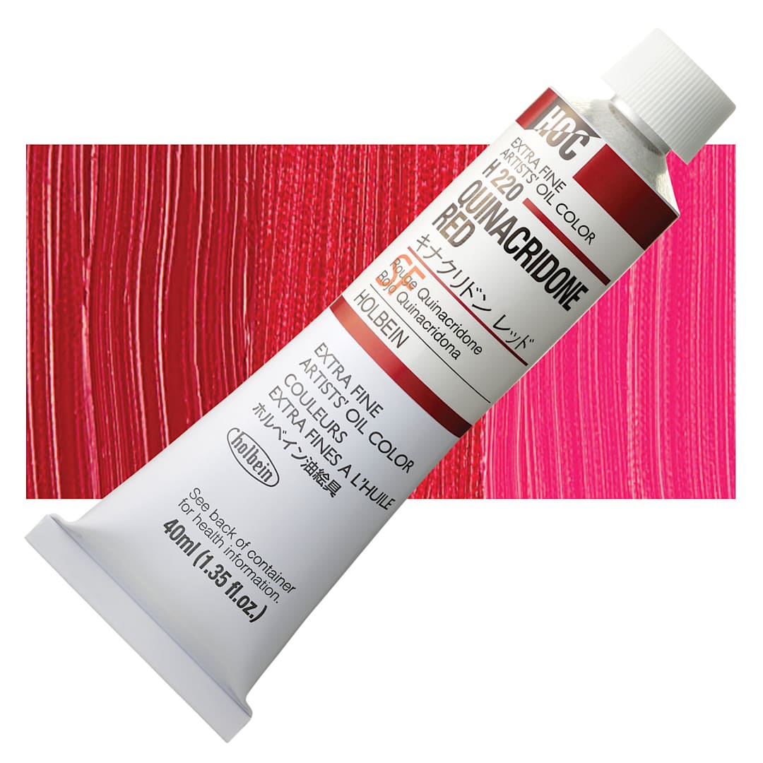 Open in modal - Holbein Artists' Oil Color - Quinacridone Red, 40 ml tube and swatch