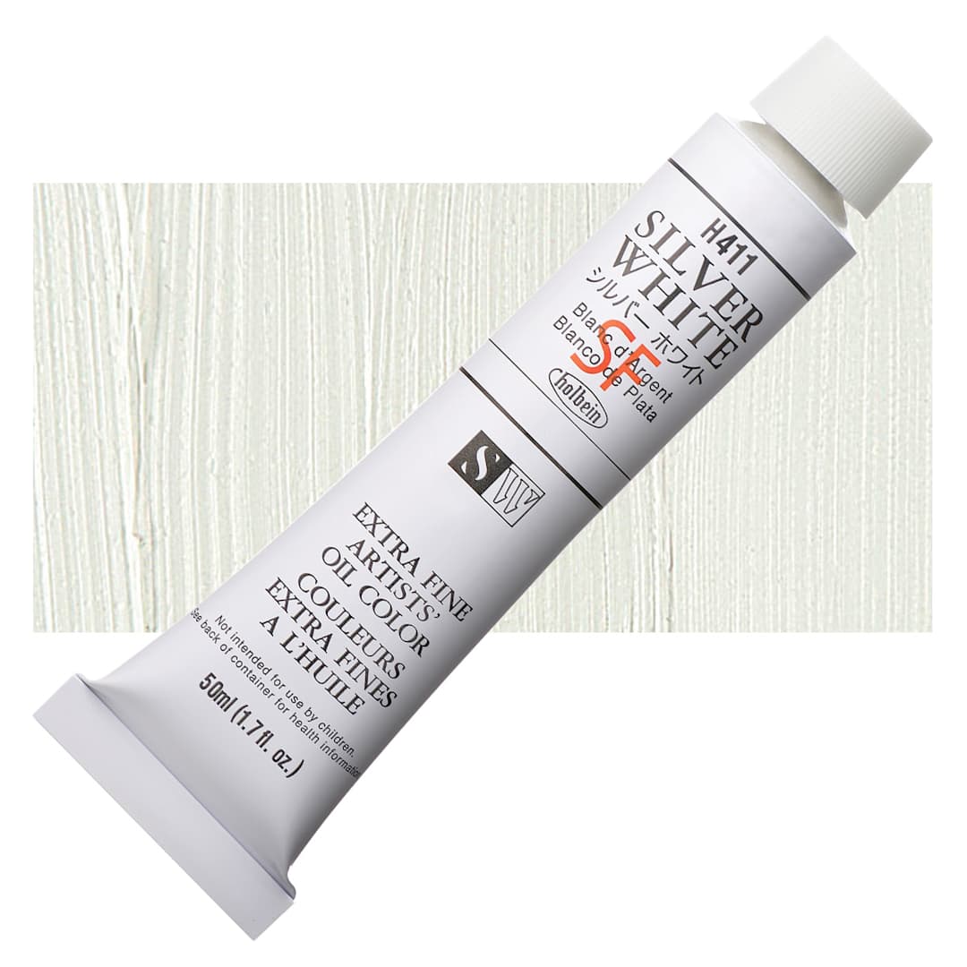 Open in modal - Holbein Artists' Oil Color - Silver White, 50 ml tube and swatch