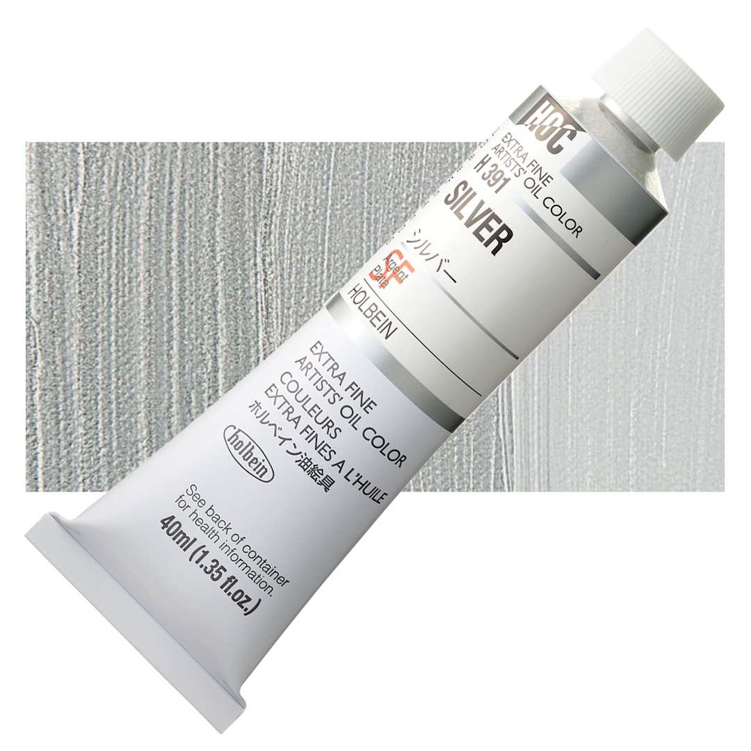 Open in modal - Holbein Artists' Oil Color - Silver, 40 ml tube and swatch