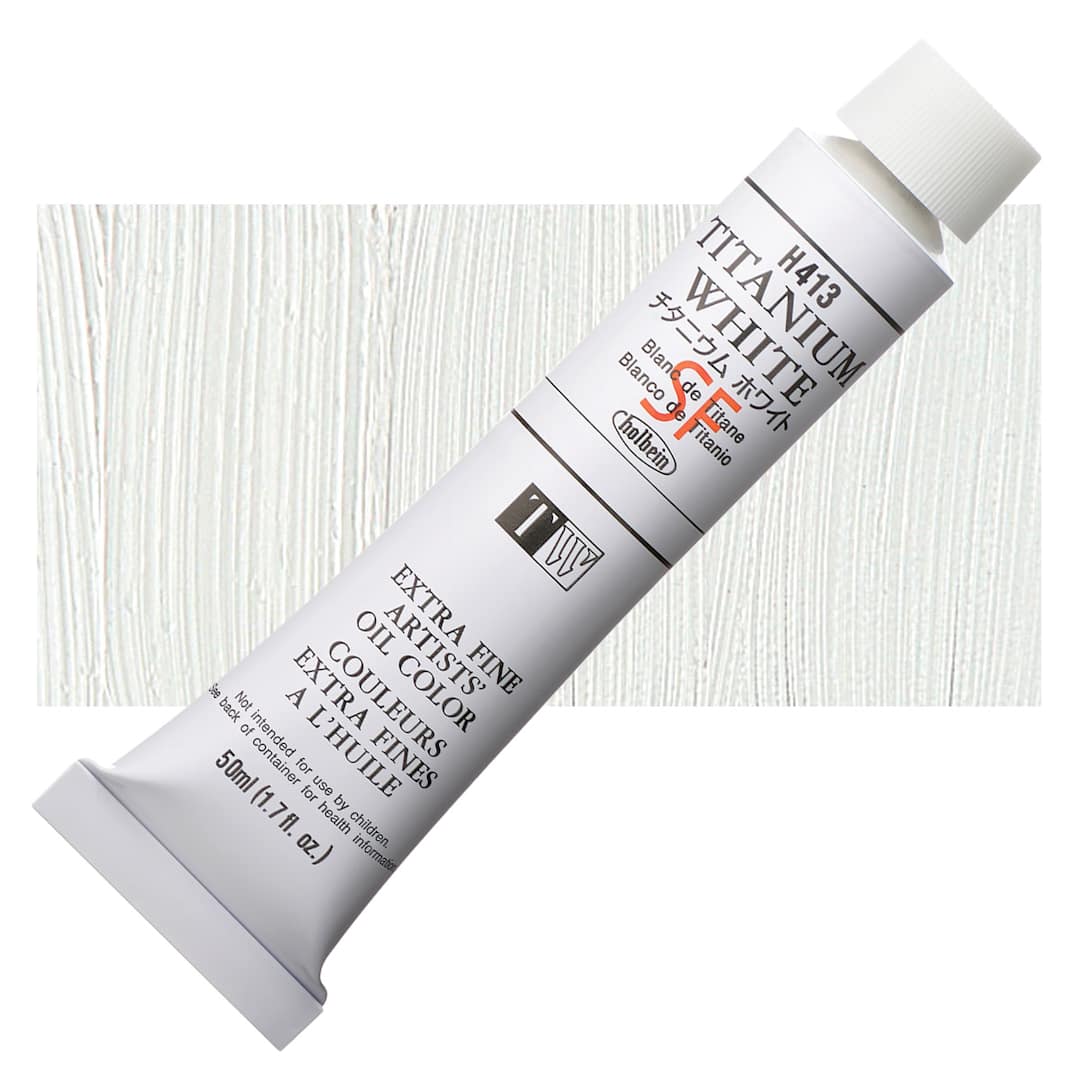 Open in modal - Holbein Artists' Oil Color - Titanium White, 50 ml tube and swatch