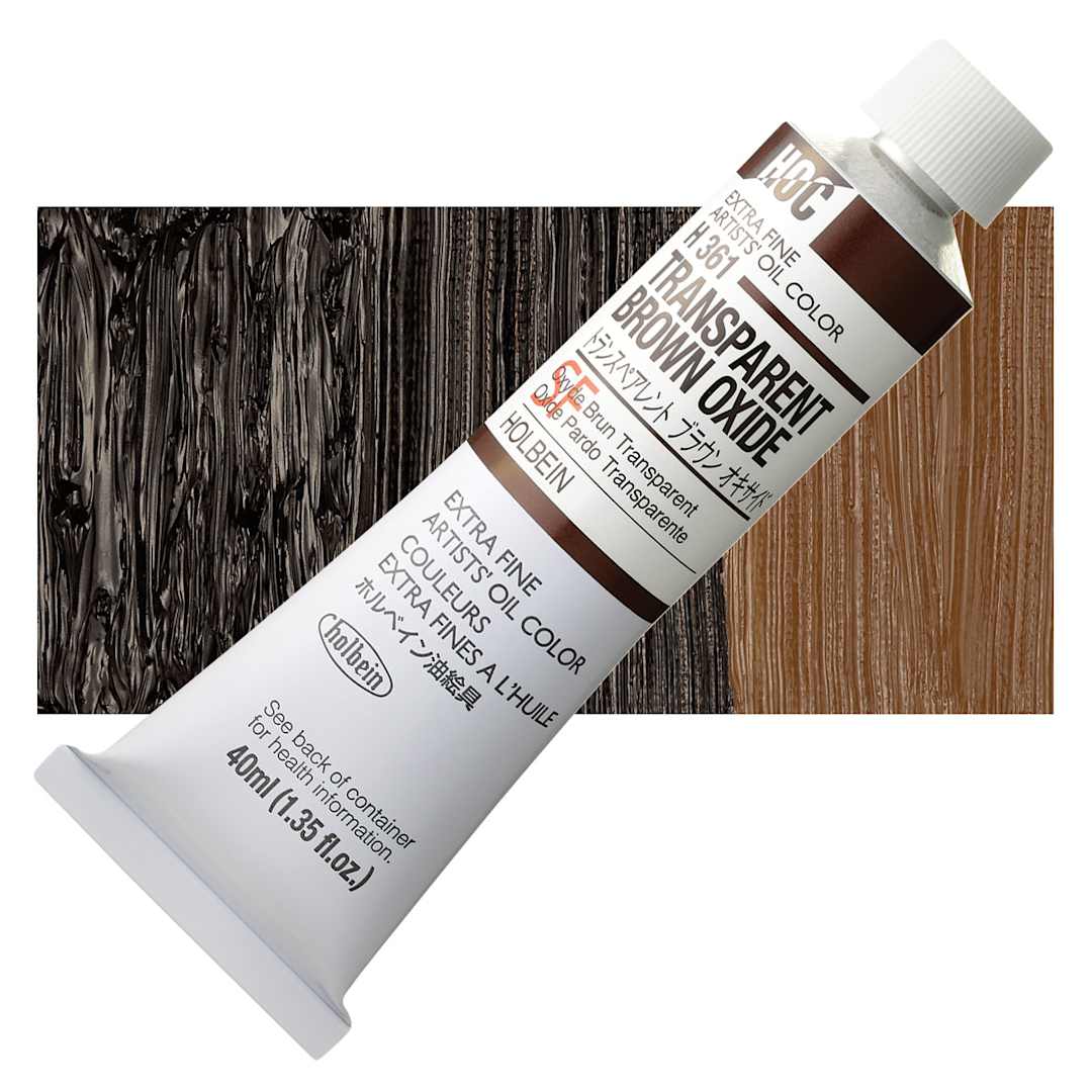 Open in modal - Holbein Artists' Oil Color - Transparent Brown Oxide, 40 ml tube and swatch