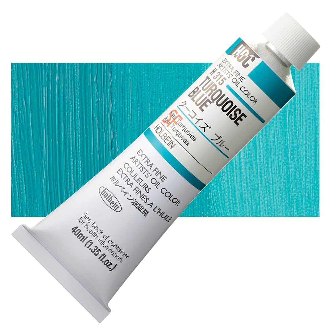 Open in modal - Holbein Artists' Oil Color - Turquoise Blue, 40 ml tube and swatch