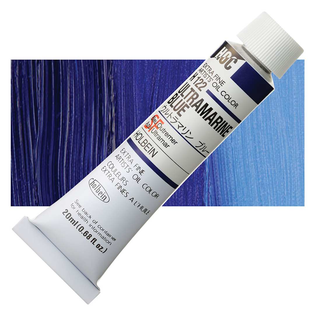 Open in modal - Holbein Artists' Oil Color - Ultramarine Blue, 20 ml tube and swatch