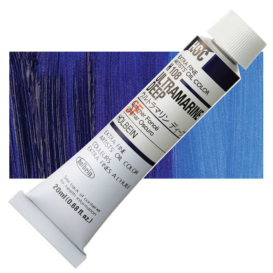 Open in modal - Holbein Artists' Oil Color - Ultramarine Deep, 20 ml tube and swatch