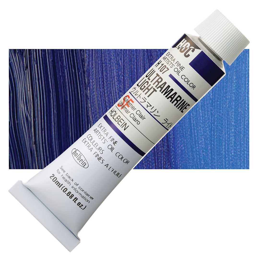 Open in modal - Holbein Artists' Oil Color - Ultramarine Light, 20 ml tube and swatch