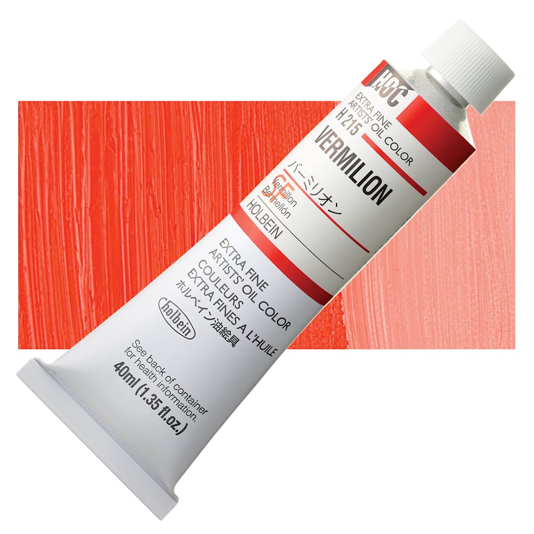 Open in modal - Holbein Artists' Oil Color - Vermilion, 40 ml tube and swatch