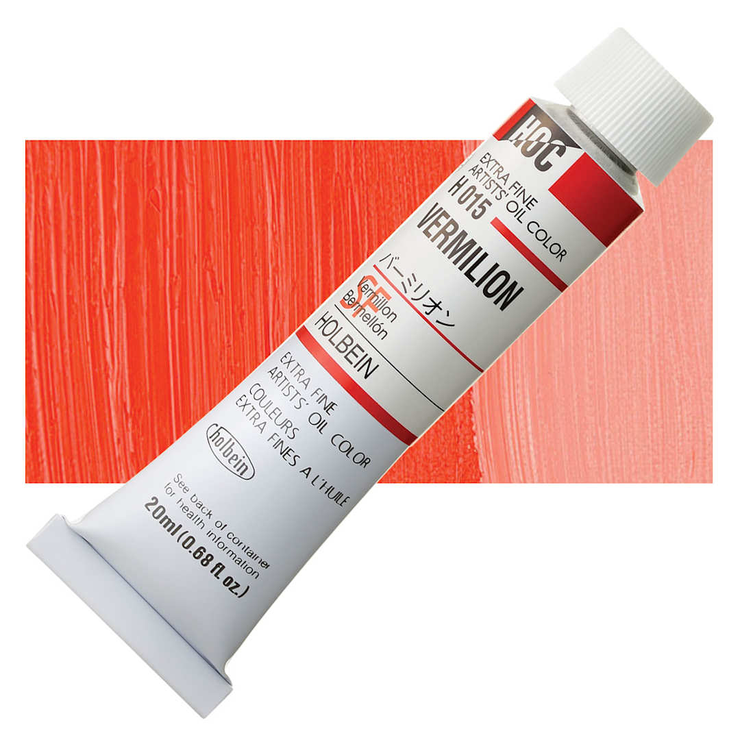 Open in modal - Holbein Artists' Oil Color - Vermilion, 20 ml tube and swatch