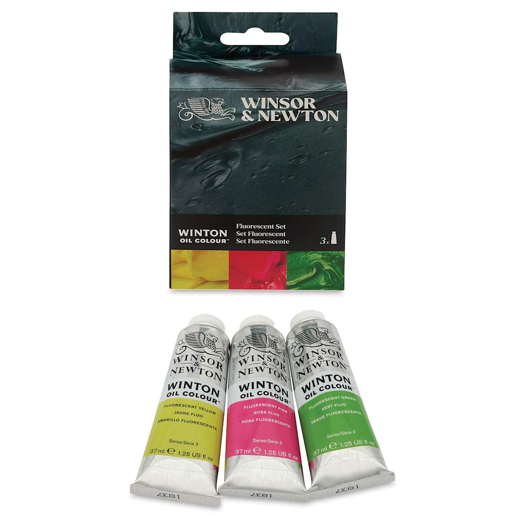 Open in modal - Winsor & Newton Winton Oil Colors - Set of 3, Fluorescent, 37 ml tubes, contents and packaging