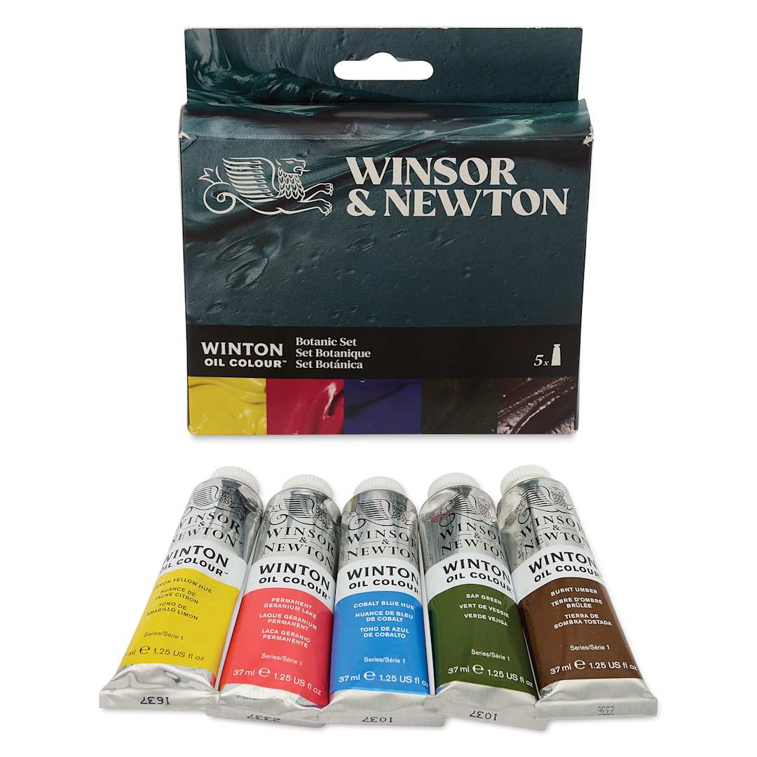 Open in modal - Winsor & Newton Winton Oil Colors - Set of 5, Botanic, 37 ml tubes, contents and packaging