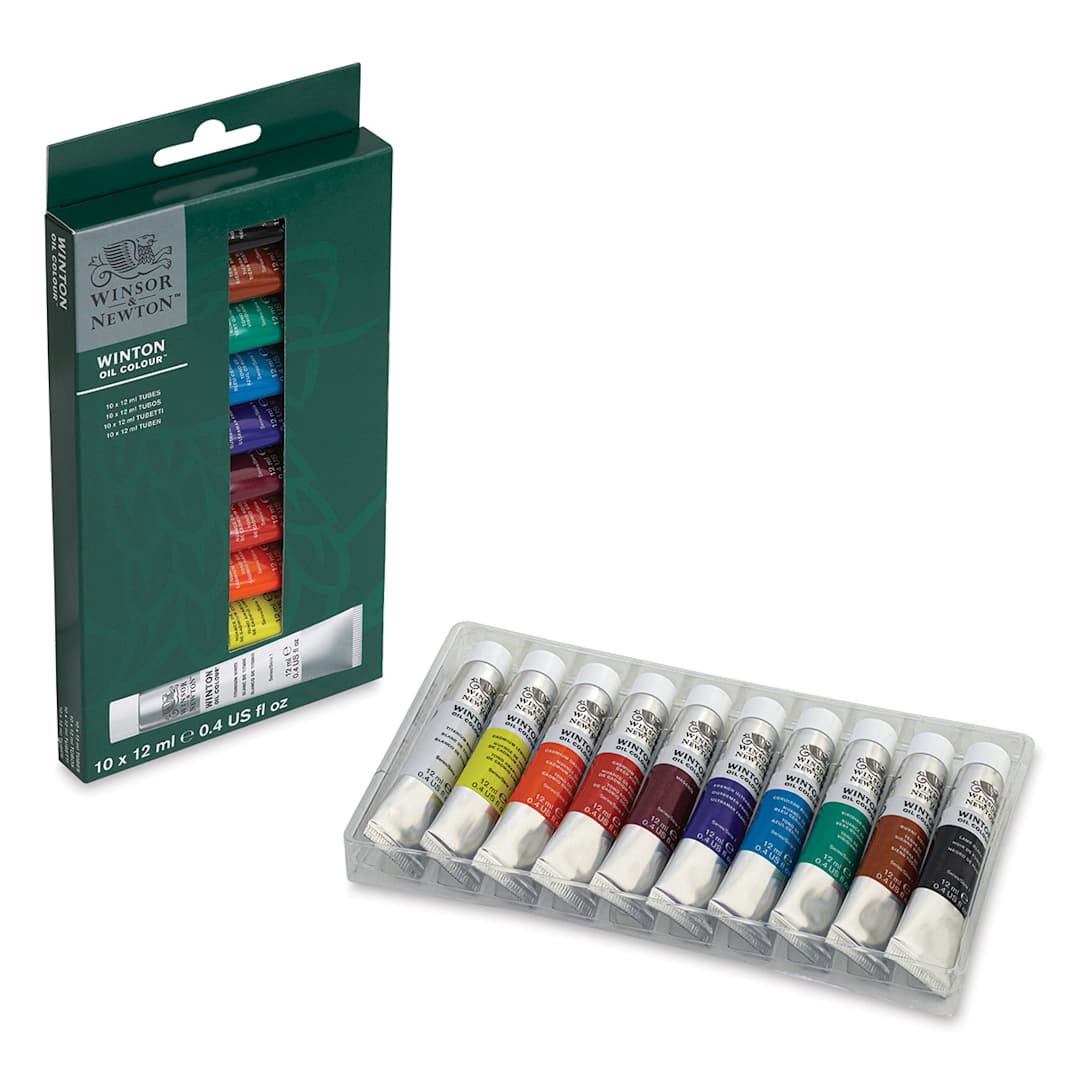 Open in modal - Winsor & Newton Winton Oil Paint- Set of 10, Assorted Colors, 12 ml, Tubes (Tubes in tray shown with packaging)