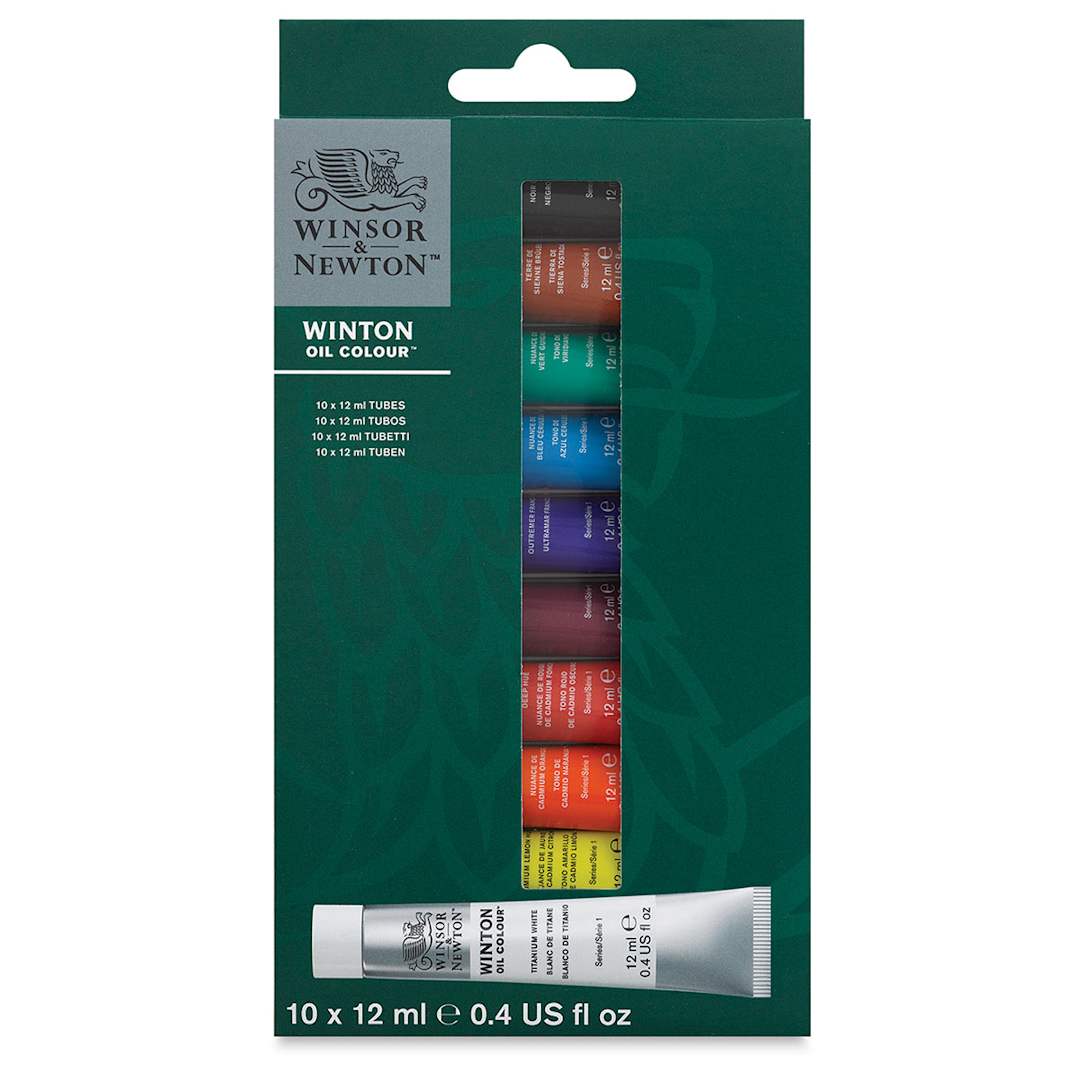 Open in modal - Winsor & Newton Winton Oil Paint- Set of 10, Assorted Colors, 12 ml, Tubes (Front of packaging)