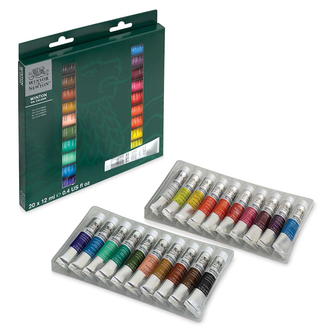 Open in modal - Winsor & Newton Winton Oil Paint - Set of 20, Assorted Colors, 12 ml, Tubes (Tubes in trays shown with packaging)