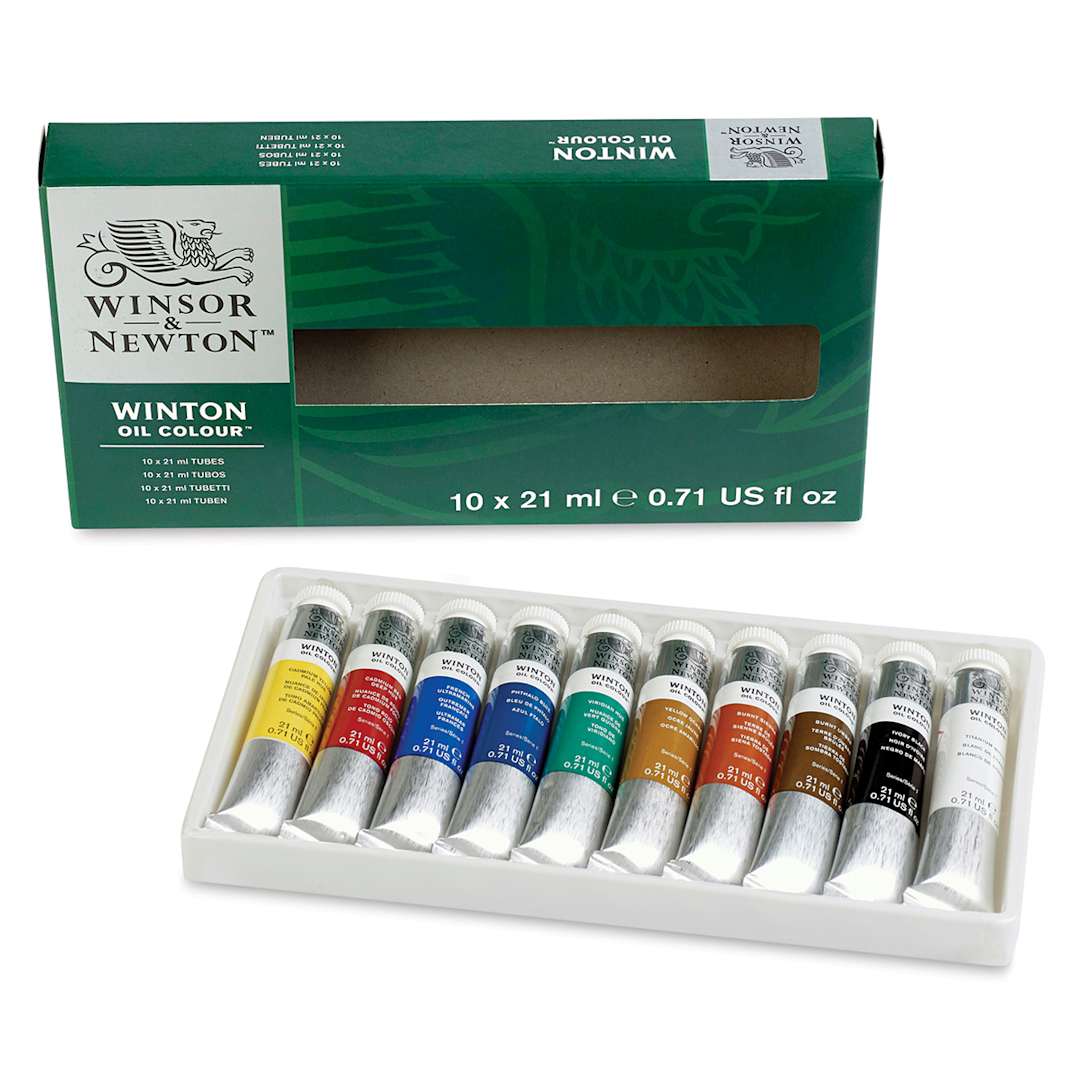 Open in modal - Winsor & Newton Winton Oil Paint - Set of 10, Assorted Colors, 21 ml, Tubes (Tubes in tray shown with packaging)