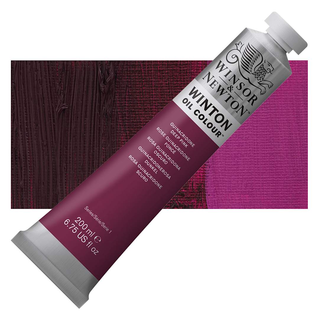 Open in modal - Winsor & Newton Winton Oil Color - Quinacridone Deep Pink, 200 ml, Tube and swatch