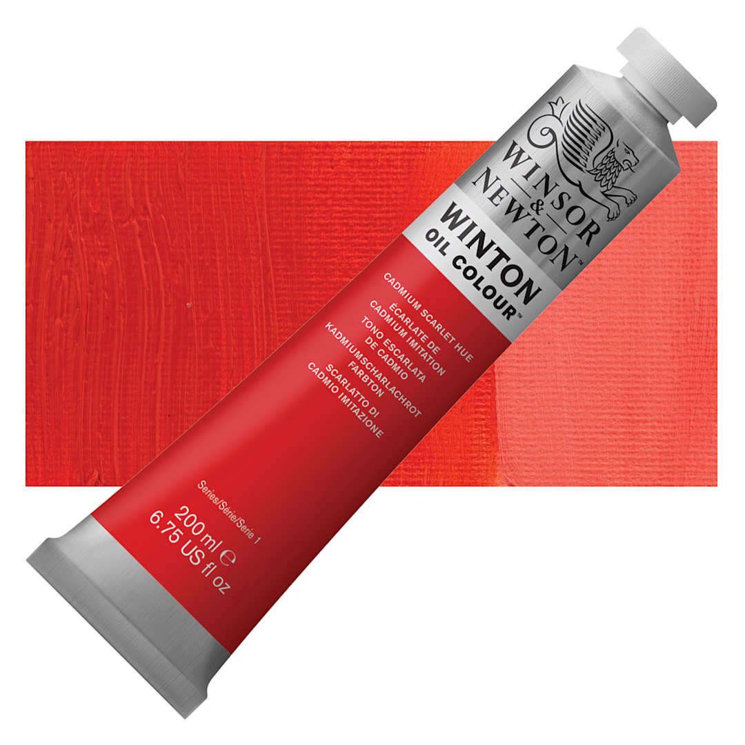 Open in modal - Winsor & Newton Winton Oil Color - Cadmium Scarlet Hue, 200 ml tube and swatch