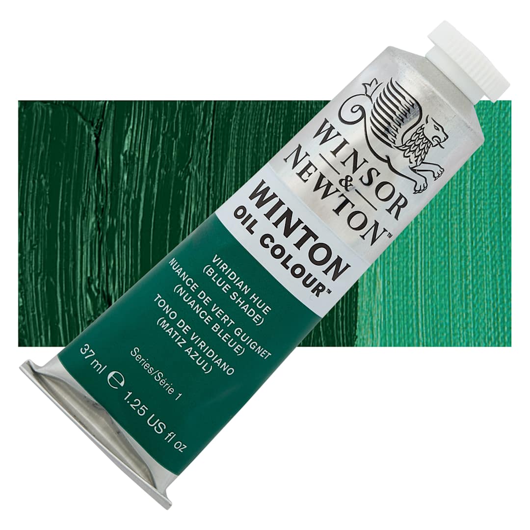 Open in modal - Winsor & Newton Winton Oil Color - Viridian Hue (Blue Shade), 37 ml tube and swatch