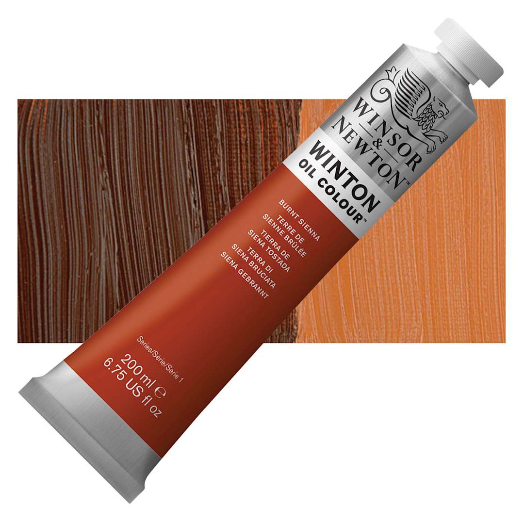 Open in modal - Winsor & Newton Winton Oil Color - Burnt Sienna, 200 ml tube and swatch