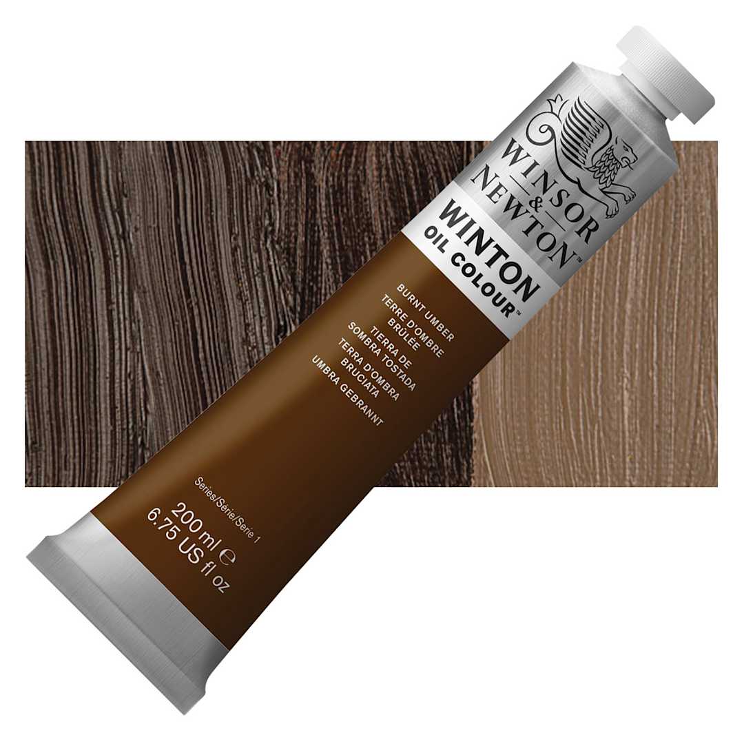 Open in modal - Winsor & Newton Winton Oil Color - Burnt Umber, 200 ml tube and swatch