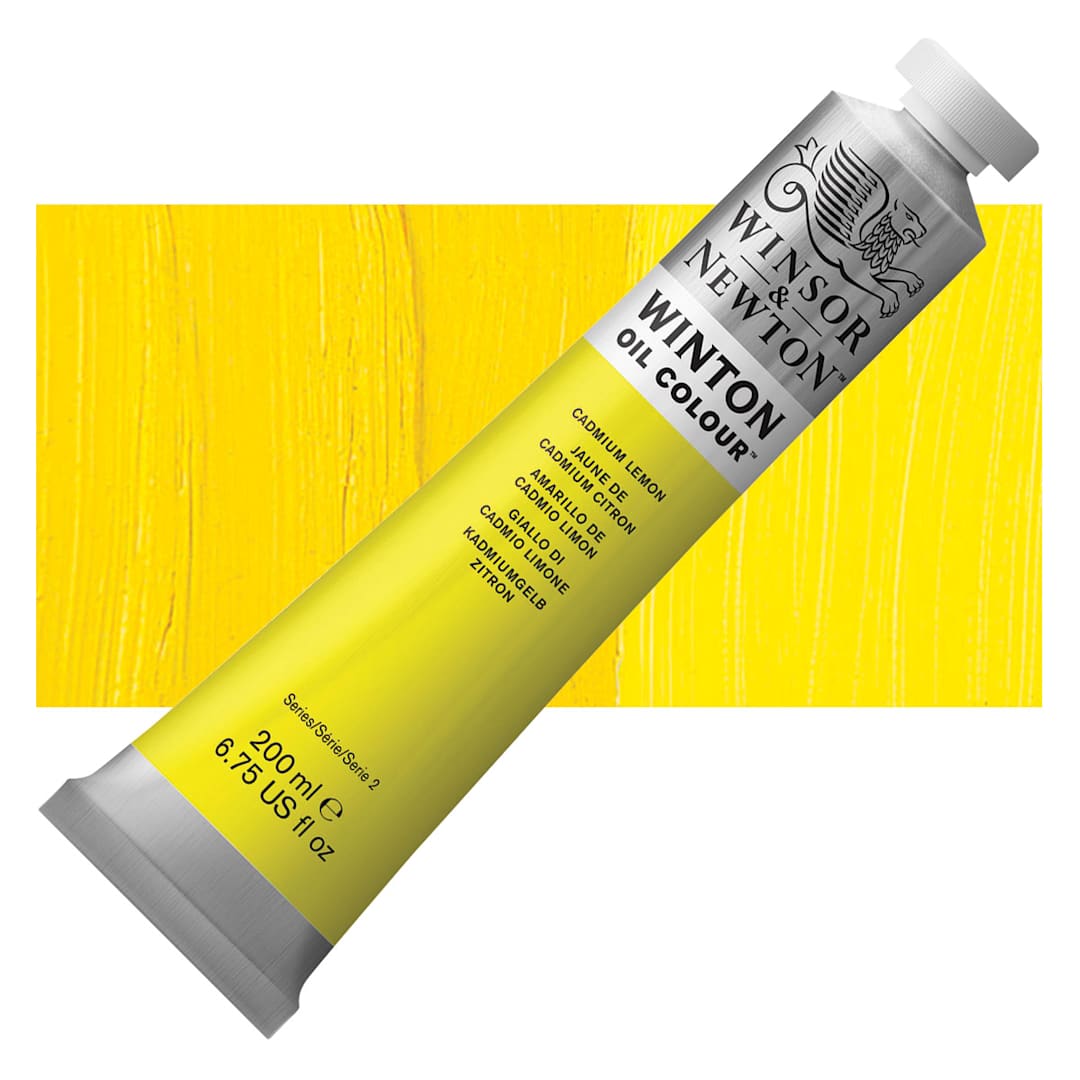 Open in modal - Winsor & Newton Winton Oil Color - Cadmium Lemon, 200 ml tube and swatch