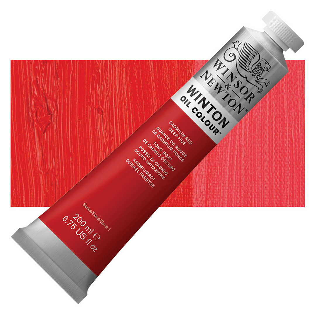 Open in modal - Winsor & Newton Winton Oil Color - Cadmium Red Deep Hue, 200 ml tube and swatch