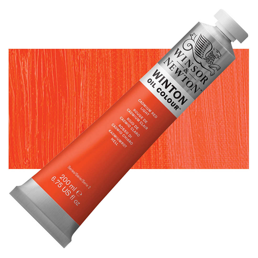 Open in modal - Winsor & Newton Winton Oil Color - Cadmium Red Light, 200 ml tube and swatch