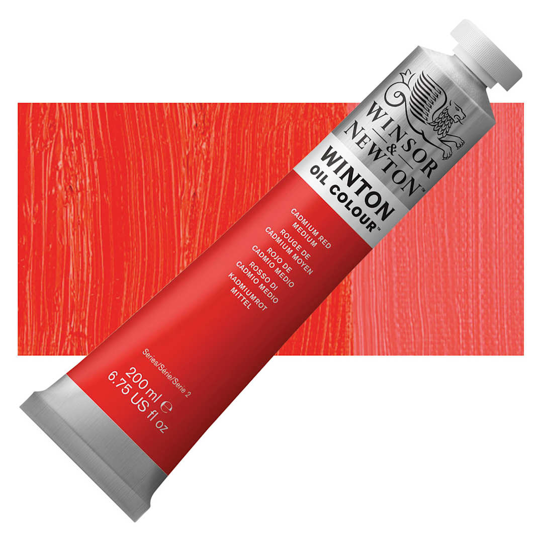 Open in modal - Winsor & Newton Winton Oil Color - Cadmium Red Medium, 200 ml tube and swatch