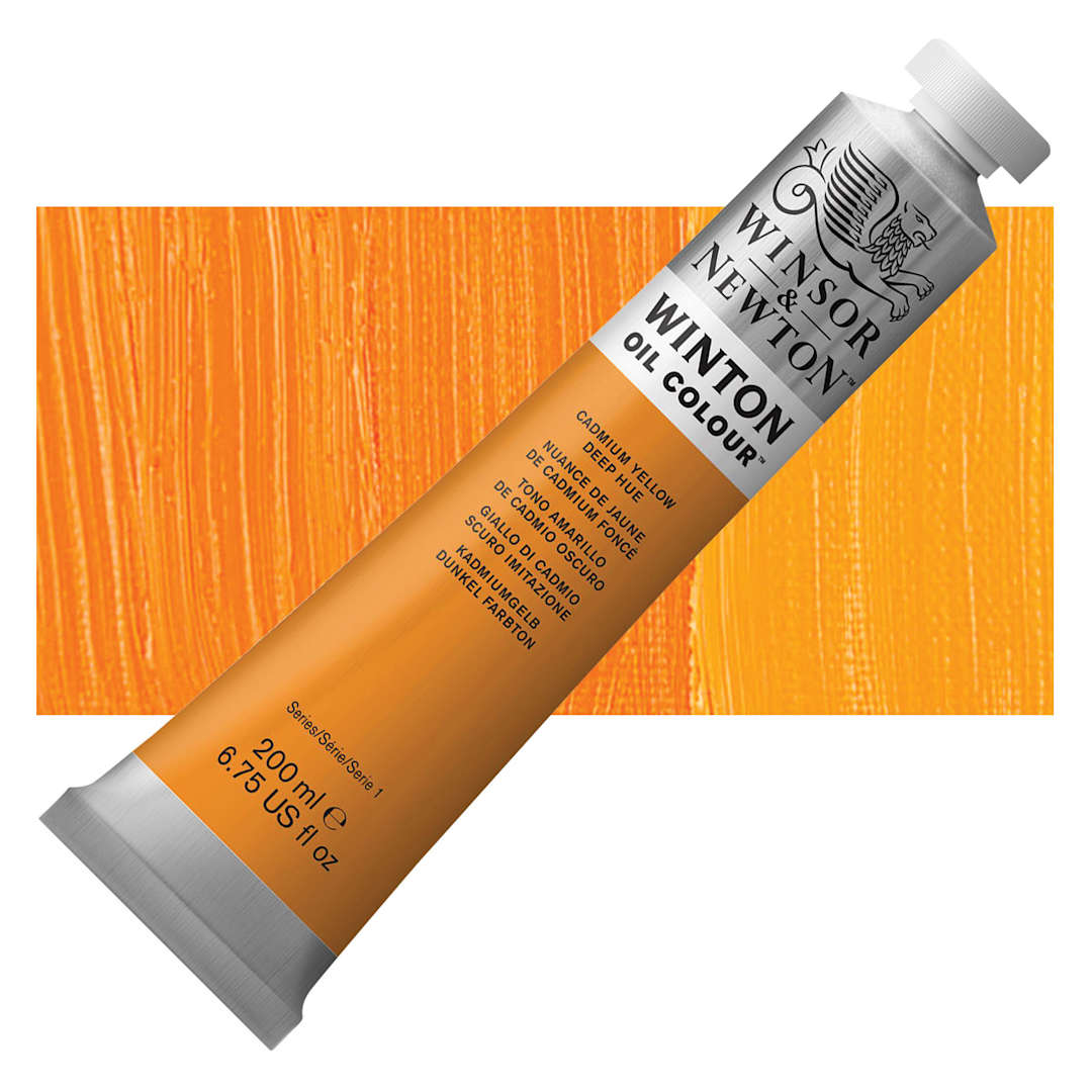 Open in modal - Winsor & Newton Winton Oil Color - Cadmium Yellow Deep Hue, 200 ml tube and swatch