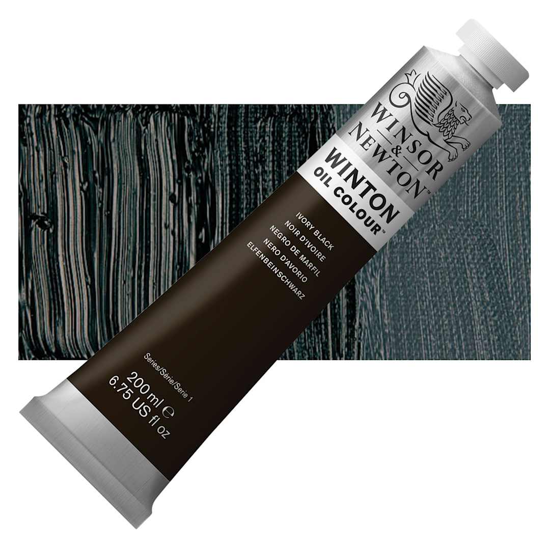 Open in modal - Winsor & Newton Winton Oil Color - Ivory Black, 200 ml tube and swatch