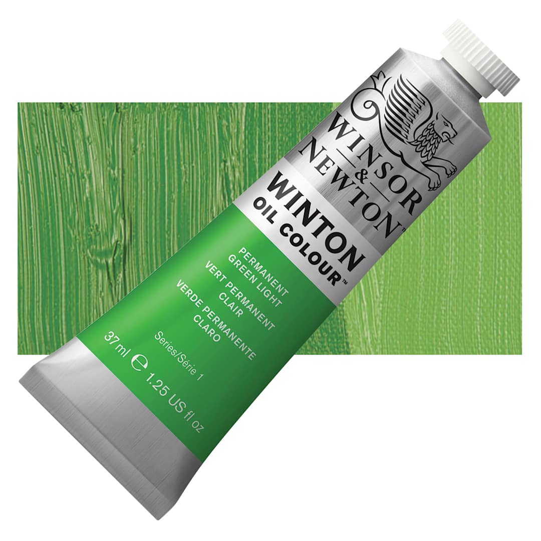 Open in modal - Winsor & Newton Winton Oil Color - Permanent Green Light, 37 ml tube and swatch