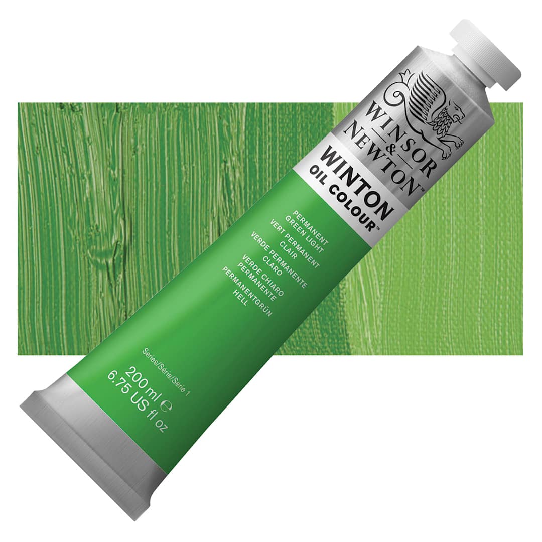Open in modal - Winsor & Newton Winton Oil Color - Permanent Green Light, 200 ml tube and swatch