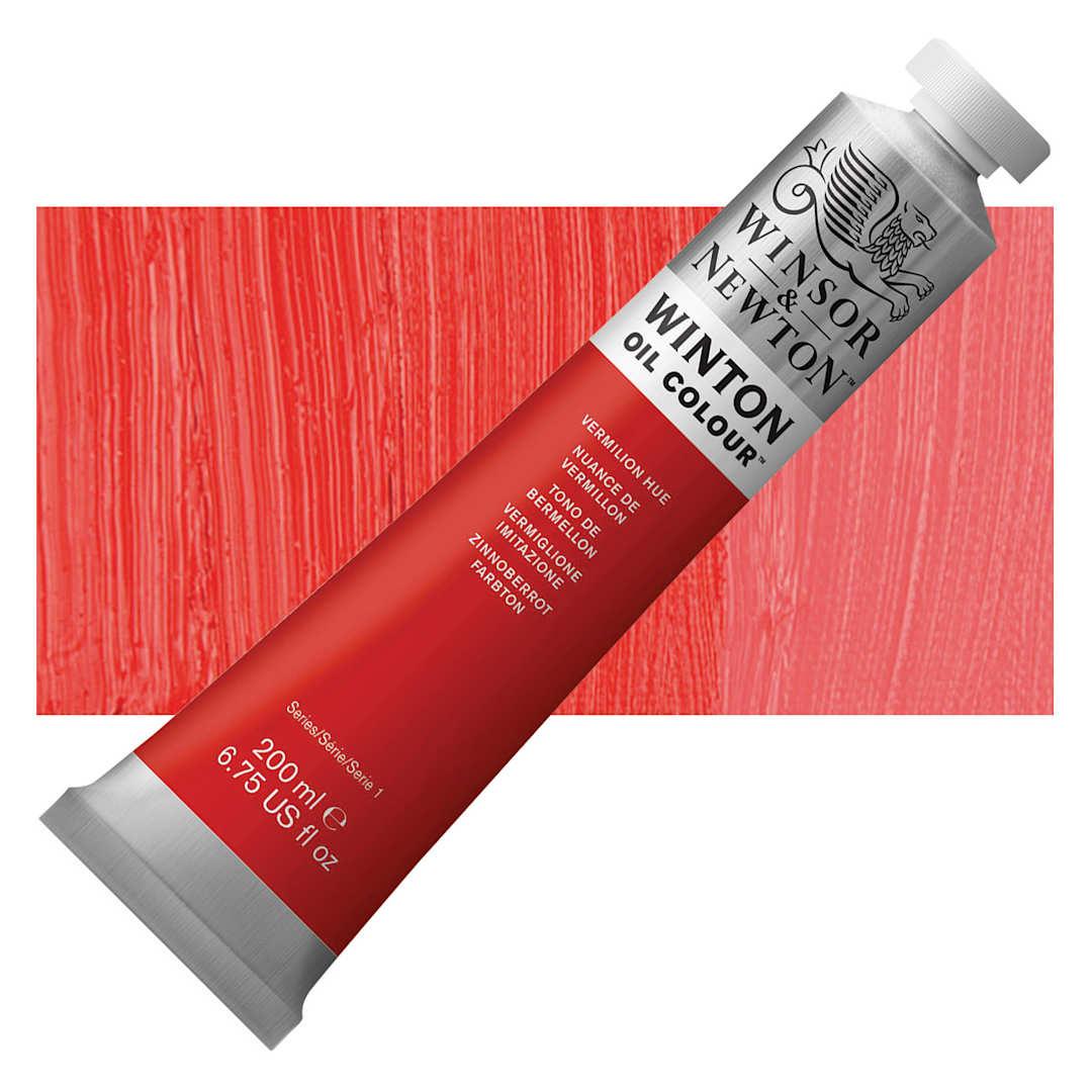 Open in modal - Winsor & Newton Winton Oil Color - Vermilion Hue, 200 ml tube and swatch
