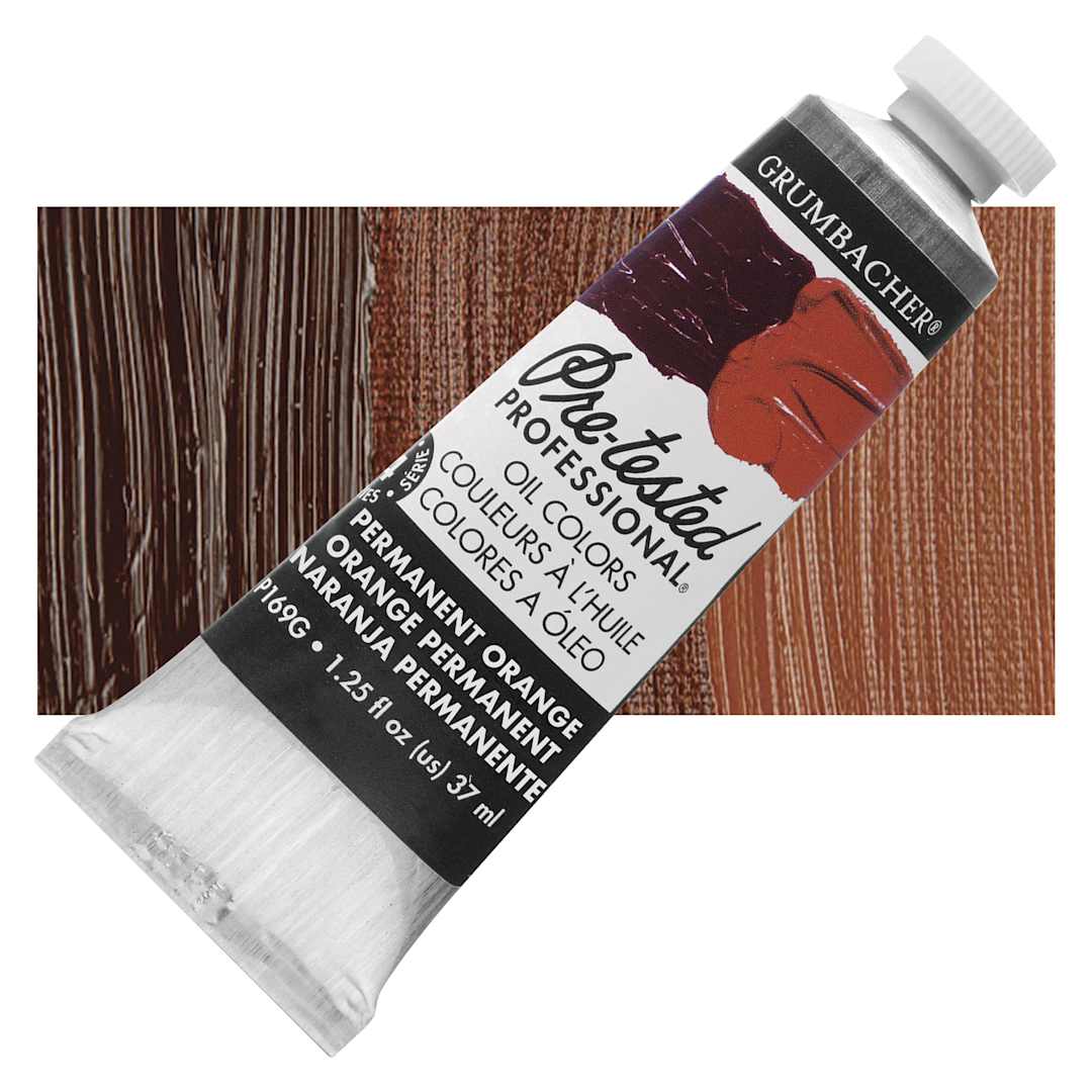 Open in modal - Grumbacher Pre-Tested Artists' Oil Color - Permanent Orange, 1.25 oz tube and swatch