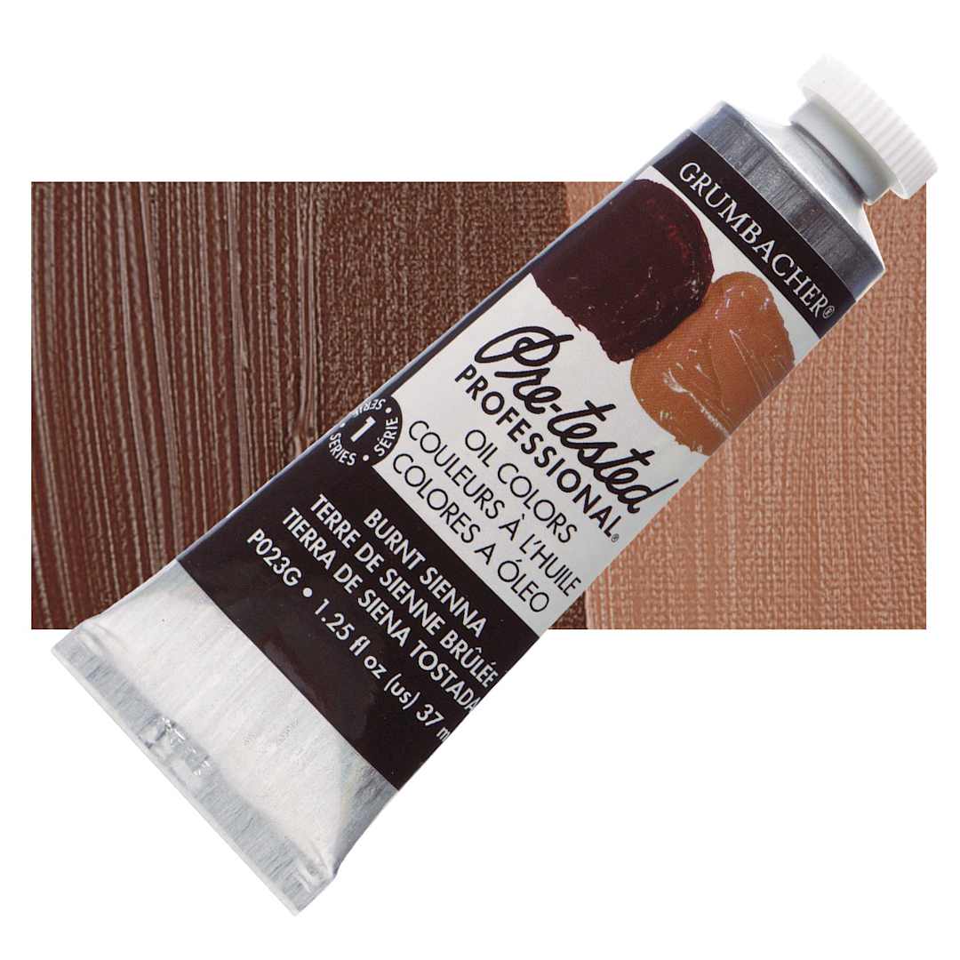 Open in modal - Grumbacher Pre-Tested Artists' Oil Color - Burnt Sienna, 1.25 oz tube and swatch