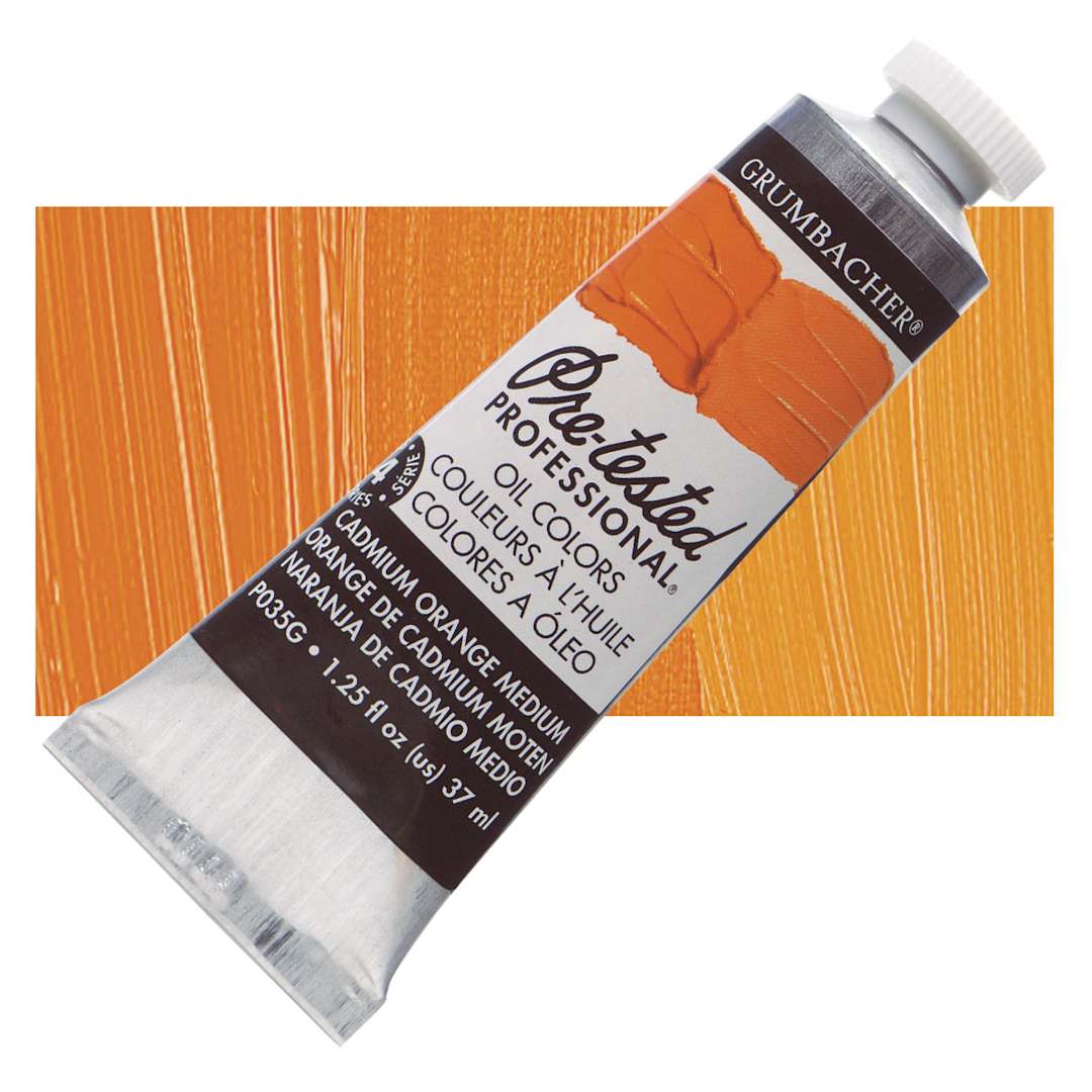 Open in modal - Grumbacher Pre-Tested Artists' Oil Color - Cadmium Orange Medium, 1.25 oz tube and swatch