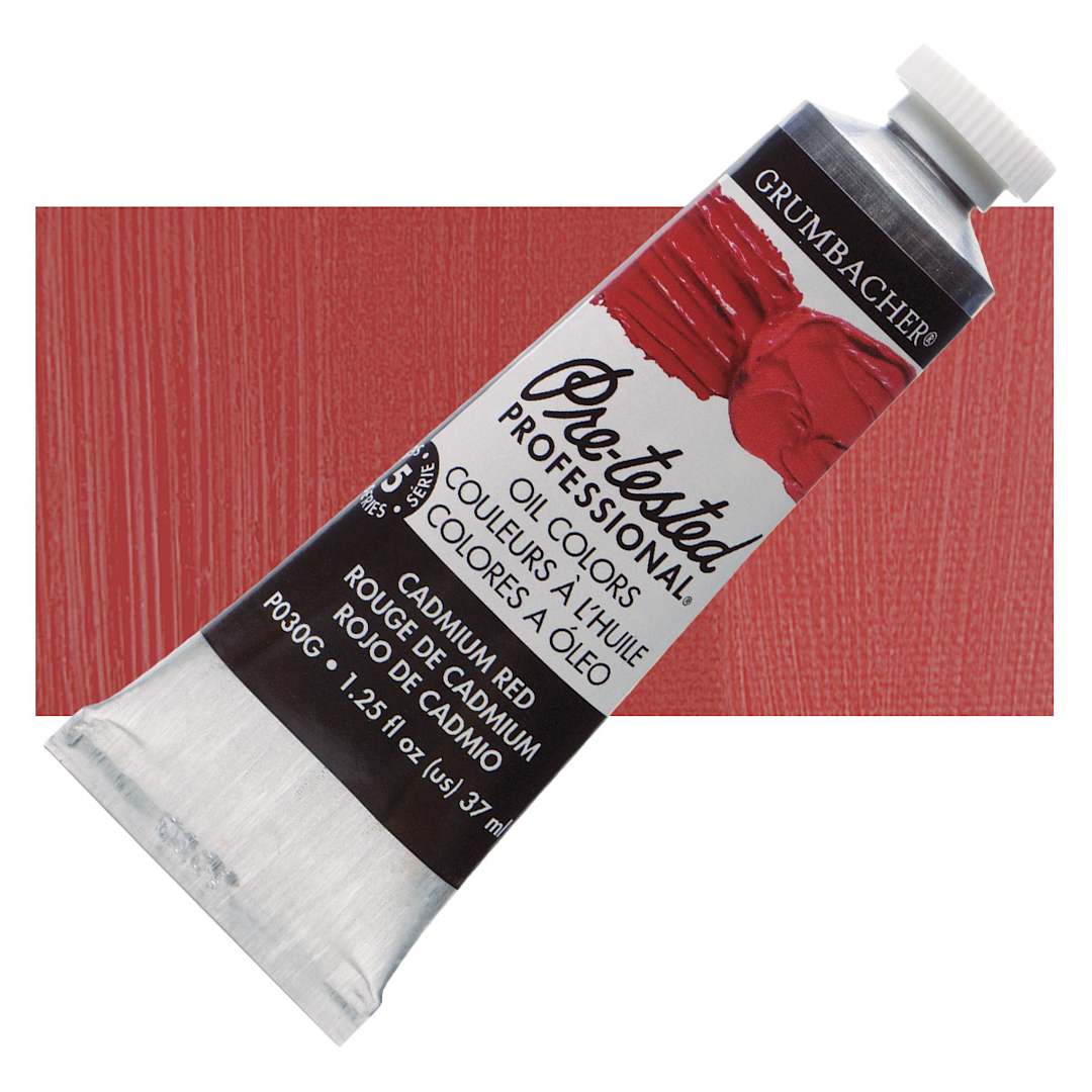 Open in modal - Grumbacher Pre-Tested Artists' Oil Color - Cadmium Red, 1.25 oz tube and swatch