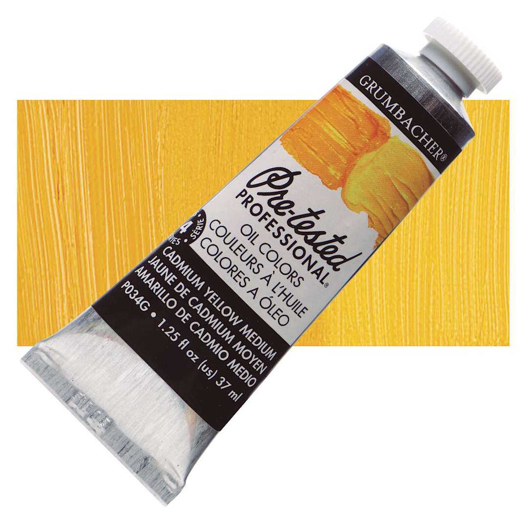 Open in modal - Grumbacher Pre-Tested Artists' Oil Color - Cadmium Yellow Medium, 1.25 oz tube and swatch
