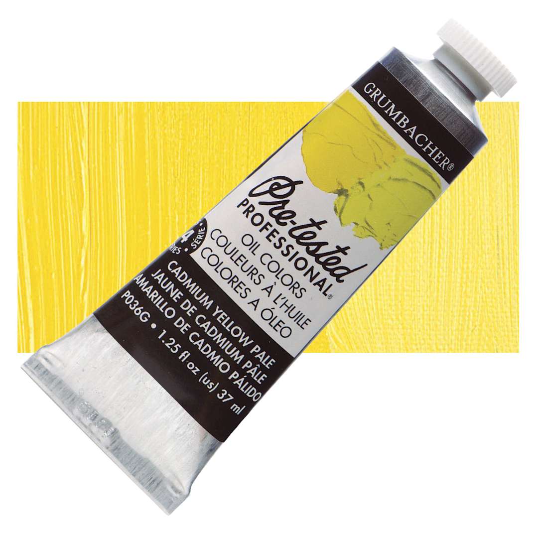 Open in modal - Grumbacher Pre-Tested Artists' Oil Color - Cadmium Yellow Pale, 1.25 oz tube and swatch