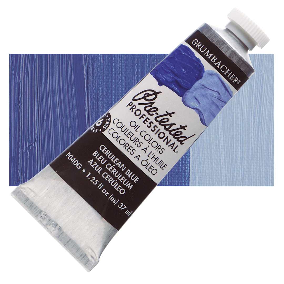 Open in modal - Grumbacher Pre-Tested Artists' Oil Color - Cerulean Blue Genuine, 1.25 oz tube and swatch