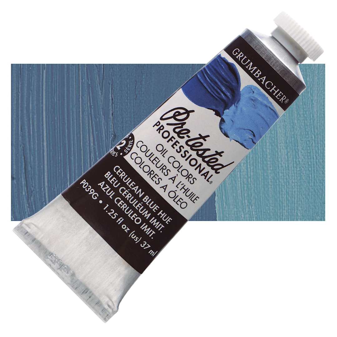 Open in modal - Grumbacher Pre-Tested Artists' Oil Color - Cerulean Blue Hue, 1.25 oz tube and swatch