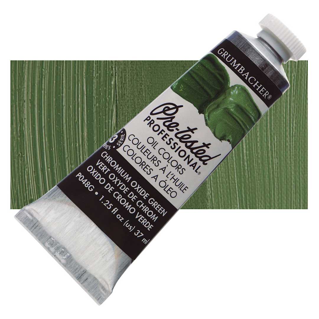 Open in modal - Grumbacher Pre-Tested Artists' Oil Color - Chromium Oxide Green, 1.25 oz tube and swatch